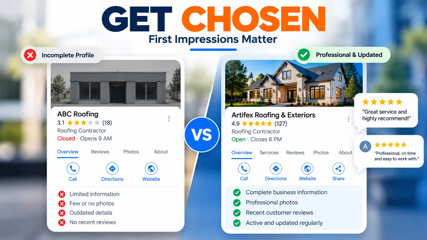Get Chosen: a comparison of business profiles with different levels of detail and customer feedback.