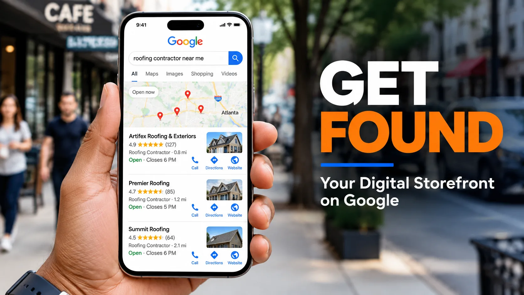 Get Found: a customer uses Google to discover a nearby business and review its profile.